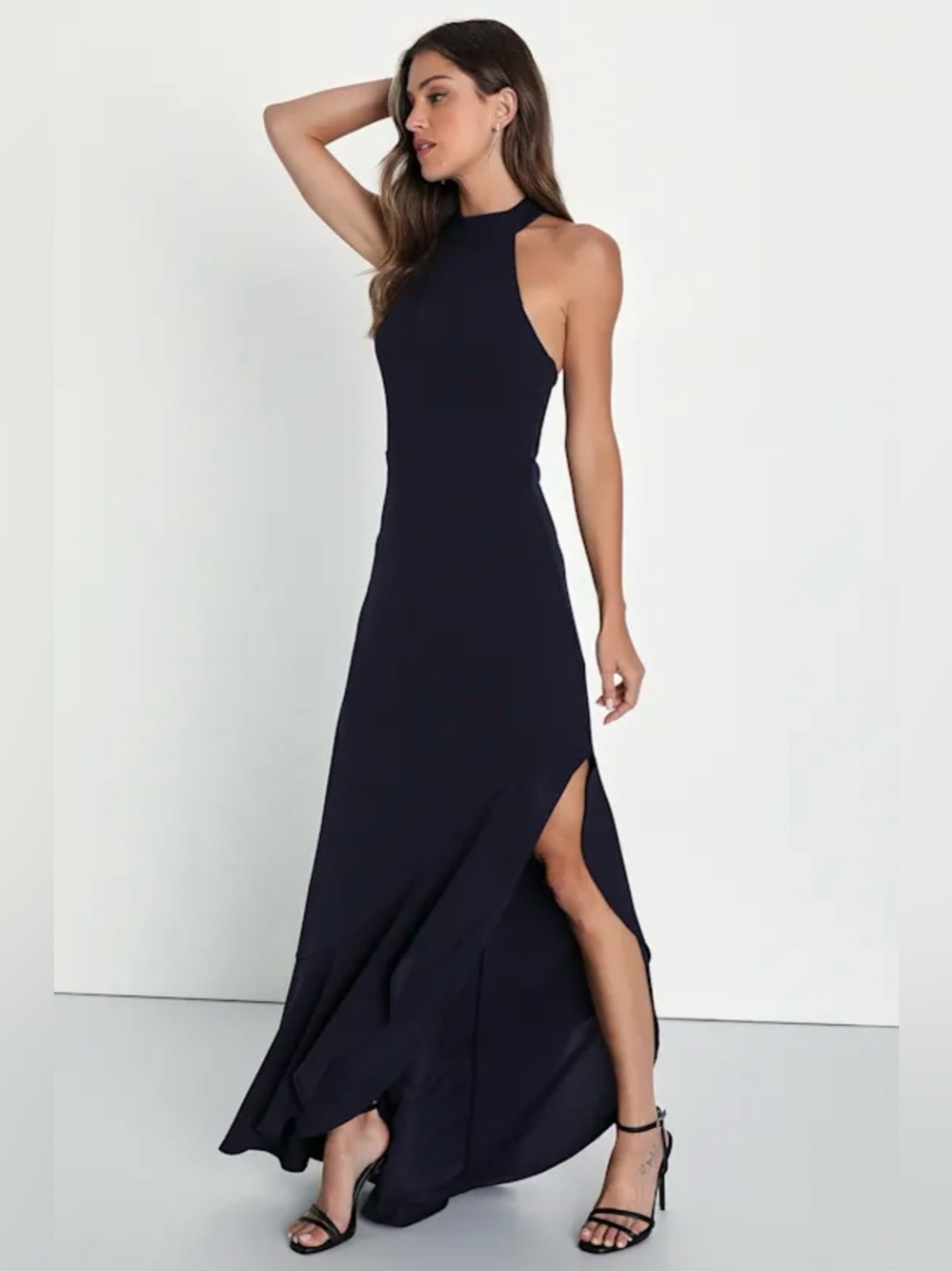 Lulus Majestic Perfection Navy Blue Ruffled Halter Maxi Dress S NWT